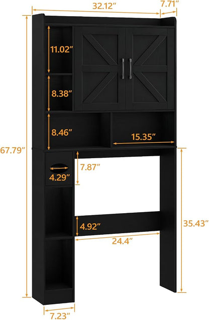 Vabches Over The Toilet Storage Cabinet with 2 Barn Doors, Black | Farmhouse Storage Cabinet with Toilet Paper Holder Stand，Home Space-Saving Toilet Rack, for Bathroom, Restroom, Laundry
