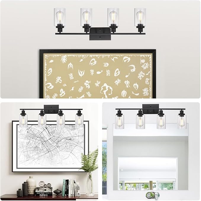 MELUCEE 4 Lights Sconces Wall Lighting Black with Clear Glass Shade | Industrial Bathroom Light Fixtures Vanity Lights Porch Light Fixtures Wall Mount (Patent No.: US D963914 S)