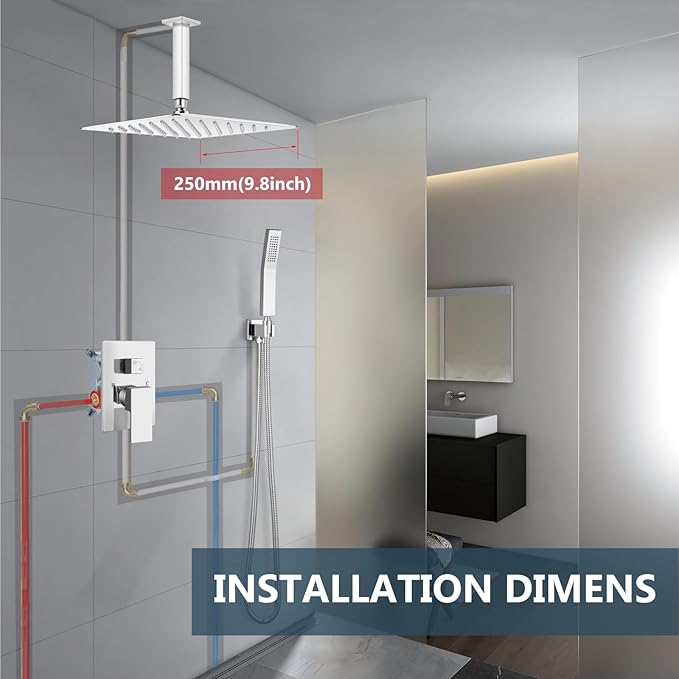 Aolemi Ceiling Mount Shower System Rain Shower Head with Handheld Spray High Pressure Shower Faucet Set Rough-in Valve Shower Trim Kit Included Bathroom Polish Chrome 10 Inch Ceiling Shower Head