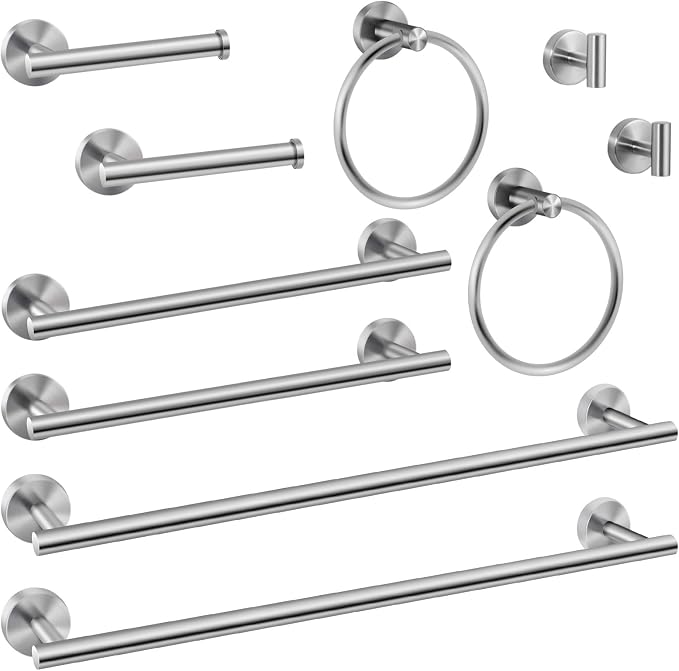 10 Piece Brushed Nickel Bathroom Hardware Set -Include23.6&16inch Bathroom Towel bar,Towel Ring,Toilet Paper Holder, Towel Hook,2 Pack 5 Piece Bathroom Accessories Set