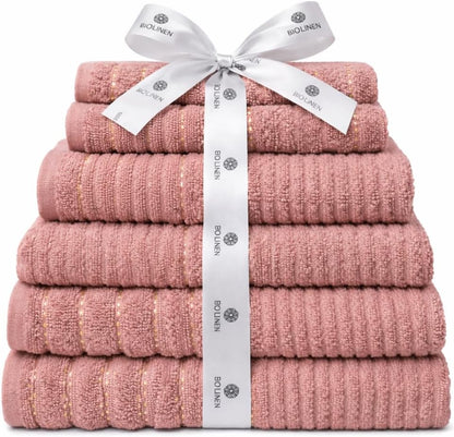 BIOLINEN Rose 6 Piece Towel Set, 2 Bath Towels 2 Hand Towels 2 Washcloths, 100% Cotton Soft Absorbent Towel Sets for Bathroom Home Gym Spa Travel