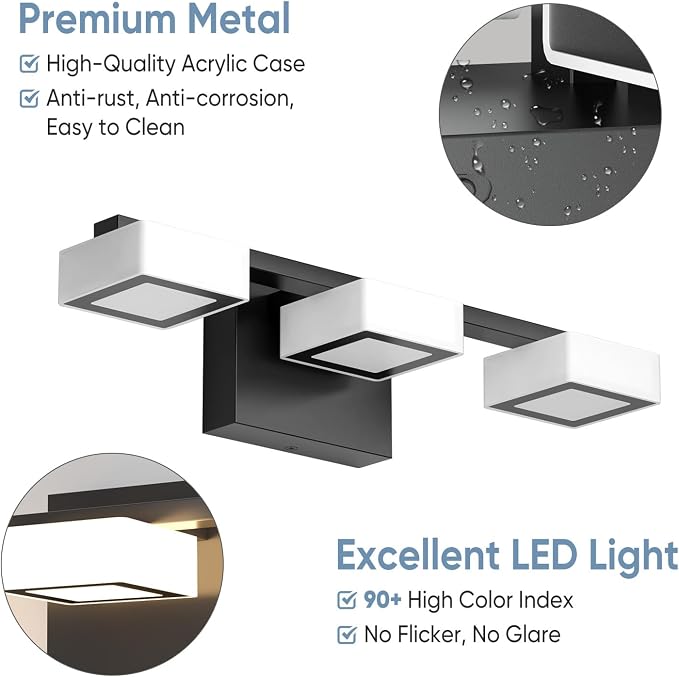 LED Modern Bathroom Light Fixtures Over Mirror, 3-Light Dimmable Vanity Lights, Matte Black Acrylic Bathroom Vanity Light, 2700K-6500K Adjustable, ETL Certificated