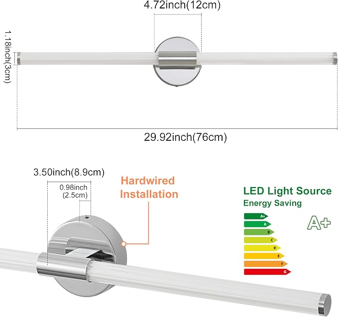 LED Bathroom Vanity Lights Chrome Wall Sconce Modern 30" | 360° Bright Bathroom Light Fixture, Dimmable Vanity Light, Hardwired Wall Light 4000K for Mirror