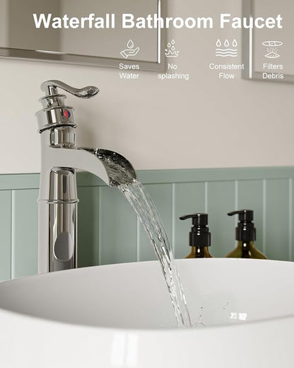 BWE Vessel Sink Faucet Chrome Polished Waterfall Spout Tall Body 1 Hole | Tall Bathroom Faucets with Pop Up Drain Assembly Without Overflow Supply Lines Lavatory Vanity Faucets Commercial