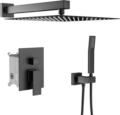 Lordear Rain Shower System 12 Inch Shower Head Faucet Set Matte Black Stainless Steel Square Wall Mounted Rainfall Shower Head with Handheld, Solid Brass Valve Included