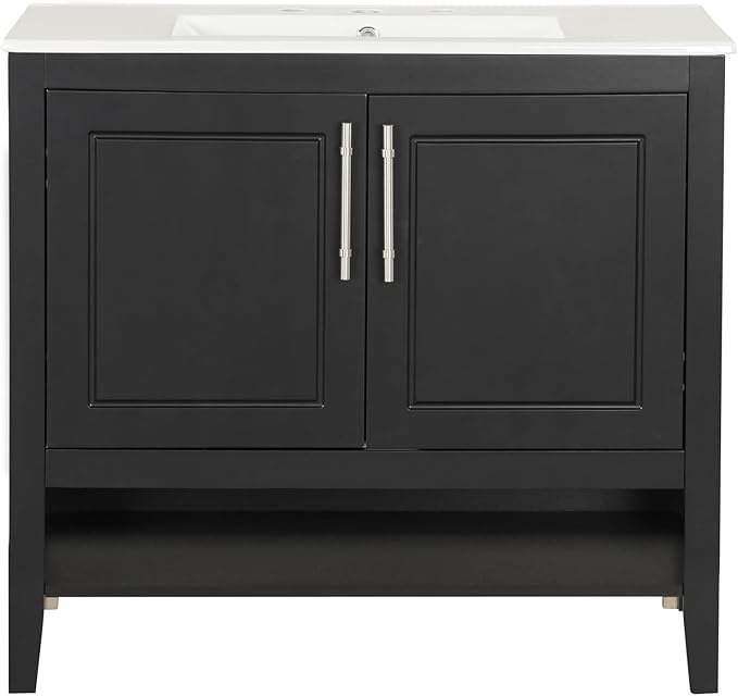 LUMISOL 36 Inch Bathroom Vanity with Ceramic Sink, Modern Black Bathroom Sink Cabinet with 2 Drawers, Storage Racks & Open Shelf, Solid Wood Bathroom Vanity with Sink Combo, Black