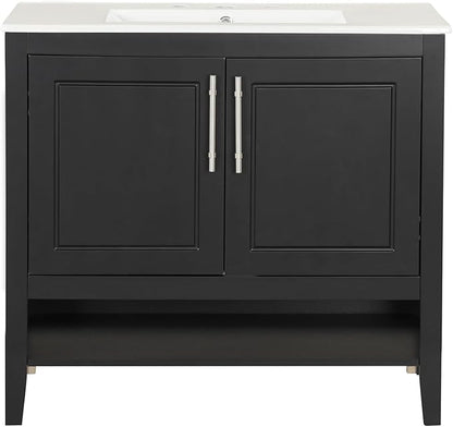 LUMISOL 36 Inch Bathroom Vanity with Ceramic Sink, Modern Black Bathroom Sink Cabinet with 2 Drawers, Storage Racks & Open Shelf, Solid Wood Bathroom Vanity with Sink Combo, Black