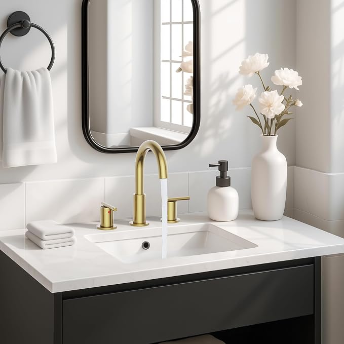 Bathroom Faucets for 3 Hole Sinks, Hurran 8 Inch Brushed Gold Double Handle Bathroom Sink Faucet with 360° Rotating Spout & Pop-Up Drain, Widespread Faucet Suitable for Vanity, RV & Outdoor Sinks