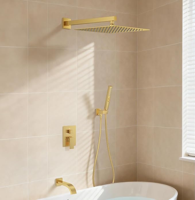 Brushed Gold Shower System with Tub Spout, Wall Mounted Bathtub Shower Faucet Set, 12" Rainfall Shower Head and Handheld Shower Combo, High Pressure Shower Fixtures Set with Rough-in Valve