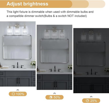 Brushed Nickel Bathroom Light Fixtures, Square, 3-Light | Vanity Lights with Crystal Shades, Modern Bathroom Lighting Fixtures over Mirror (Bulbs Not Included, E26)