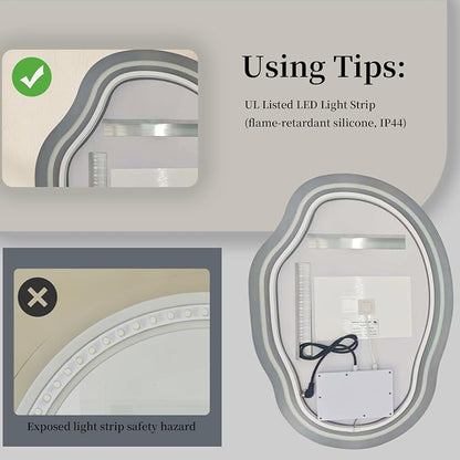 Irregular Wall Mirror 25 x 35 Inch, Lighted Mirrors for Bathroom Wall, Asymmetrical LED Mirror for Bathroom with Anit-Fog, Dimmable, Memory Function (Horizontal/Vertical)