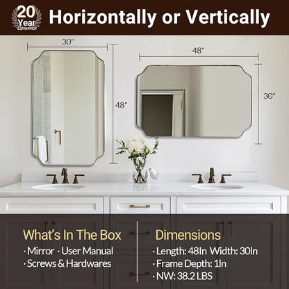 30x48 Inch Large Mirror, Matte Black Rectangle Mirror for Wall, Bathroom Mirror in Premium Stainless Steel Metal Thin Frame Deep 1’’, Unique Scalloped Edge, Hangs Vertically/Horizontally