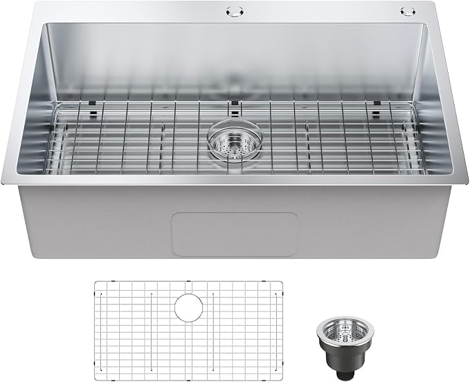 VEVOR 33" Kitchen Workstation, 304 Stainless Steel Top Mount, Built-in Single Bowl Farmhouse with Accessories, Home Dishwasher Sink, for RV, Prep Kitchen and Bar (Black) (Silver, 33IN)