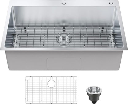 VEVOR 33" Kitchen Workstation, 304 Stainless Steel Top Mount, Built-in Single Bowl Farmhouse with Accessories, Home Dishwasher Sink, for RV, Prep Kitchen and Bar (Black) (Silver, 33IN)