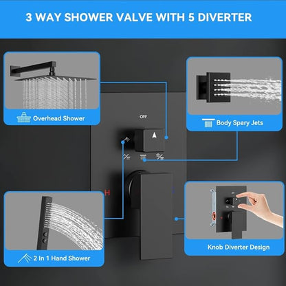 Matte Black Shower System with Body Jets, STARBATH 12 Inch Rainfall Shower and Handheld Spray, Wall Mounted Full Body Shower System Rough-in Mixer Pressure Balance Valve Shower Faucet Set Complete