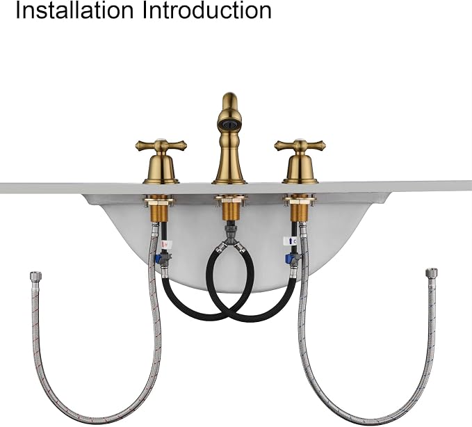 RKF Bathroom Faucets for Sink 3 Hole Gold 8 inch Widespread Bathroom Sink Faucet with Drain 2 Handles Cross Knobs Faucet Bathroom Vanity Faucet Basin Mixer Tap CWF033-BG