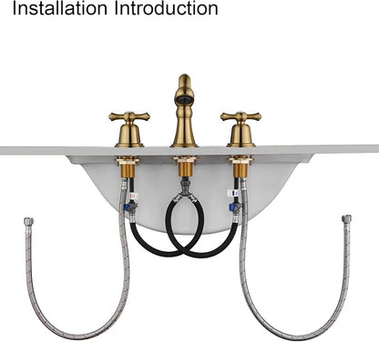 RKF Bathroom Faucets for Sink 3 Hole Gold 8 inch Widespread Bathroom Sink Faucet with Drain 2 Handles Cross Knobs Faucet Bathroom Vanity Faucet Basin Mixer Tap CWF033-BG