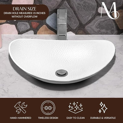 Monarch Abode Bathroom Sink – 19-Inch Harbor Vessel Bathrooms Countertop Sink, Bathroom Vessel Sinks, Above Counter Hand Hammered Classic White Aluminum Bath Sinks for Restroom Vanity or Powder Room