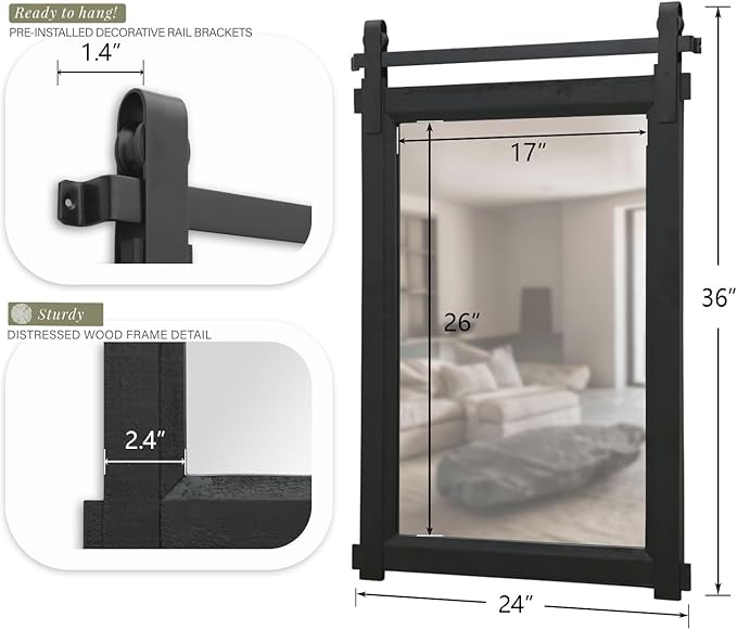 Besdomus Black Bathroom Farmhouse Mirror: 24"x36" Barn Door Rustic Solid Cedar Wood Frame - Wall Mounted Mirror for Entryway/Living Room/Bathroom - Home Decor for Modern Farmhouse Enthusiast
