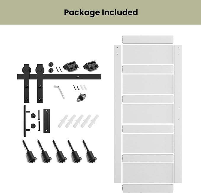 SMARTSTANDARD 36in x 84in Sliding Barn Door with 6.6FT Hardware Track Kit | Waterproof PVC Surface, Pre-Drilled Holes Easy to Assemble, Solid, MDF, White, 5-Panel