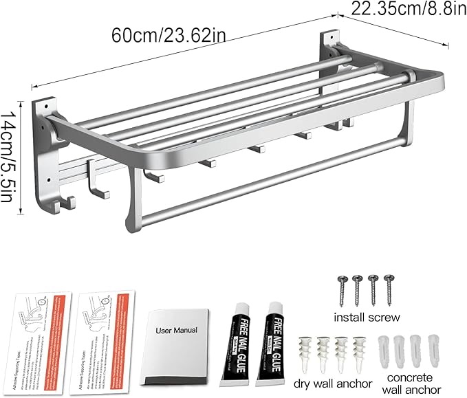 Towel Rack Wall Mount for Bathroom with Towel Bar and Hooks 23.6 in Foldable Towel Shelf Lavatory Towel Organizer Matte Silver