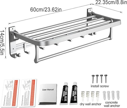 Towel Rack Wall Mount for Bathroom with Towel Bar and Hooks 23.6 in Foldable Towel Shelf Lavatory Towel Organizer Matte Silver