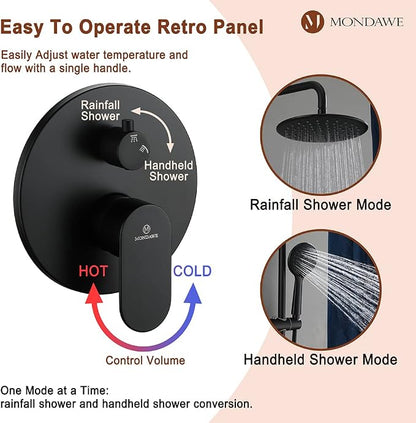 MONDAWE 9 Inch Wall Mounted Shower Faucet Set in Matte Black, Rainfall Shower Head with 3-Setting Handheld Spray Shower Set Combo, High Pressure Shower System with Solid Brass Valve