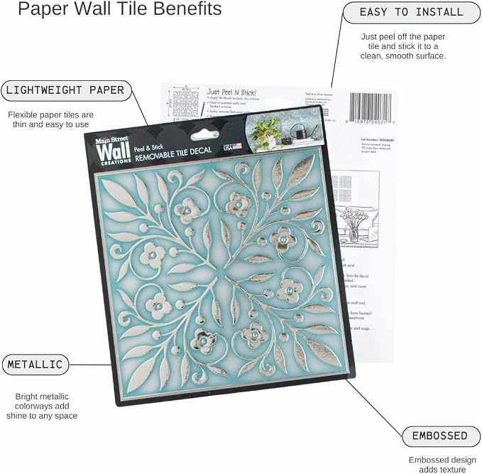 Main Street Peel and Stick Wallpaper Tiles, Teal & Silver Leaves, 24-Pack | 8"x8" tiles, covers 10.67 sq ft. Peel-and-stick paper, no extra adhesive needed. Ideal for backsplashes & DIY projects.