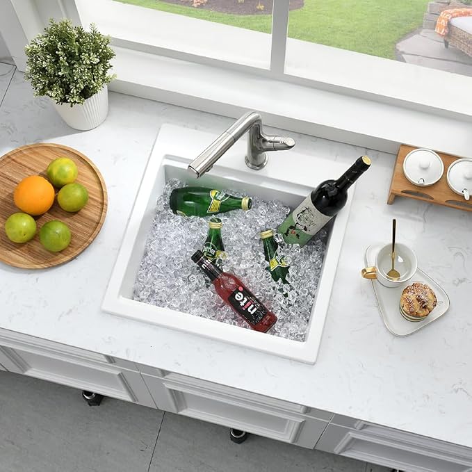 21 Inch White Bar Sink Drop In Quartz Workstation Outdoor RV Sink | 21x20 White Drop In Kitchen Sink, Single Bowl Wet Bar Sinks with Cutting Board,Resistant to Stain, Heat, Chipping