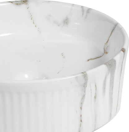 JONATHAN Y SNK1006C 14.75" Round Bathroom Vessel Sink, Modern White Marble Finish Ceramic Above Counter Sink Bowl with Ribbed Exterior, Art Deco Designer Vanity Basin for Powder Rooms