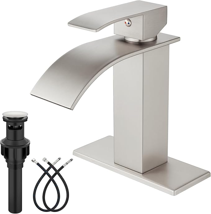 Midanya Bathroom Faucet with Waterfall Spout, Single Hole or 3-Hole Deck Mount, 304 Stainless Steel Sink Faucet with Pop-Up Drain, RV Vanity Compatible,Brushed Nickel