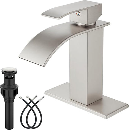 Midanya Bathroom Faucet with Waterfall Spout, Single Hole or 3-Hole Deck Mount, 304 Stainless Steel Sink Faucet with Pop-Up Drain, RV Vanity Compatible,Brushed Nickel