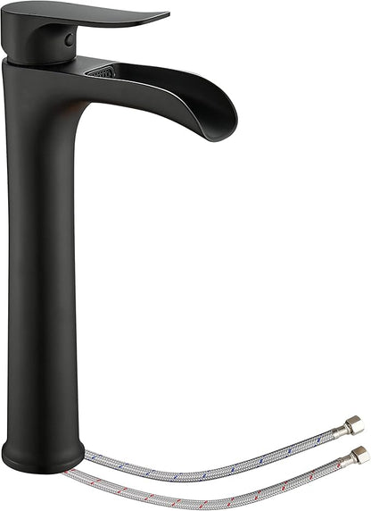YUNDOOM Vessel Sink Faucet, Matte Black Single Hole Single Handle Tall Bathroom Bowl Sink Faucet,Waterfall Bathroom Faucet