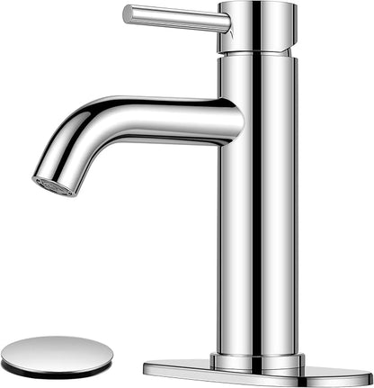 Bathroom Faucet, Single Handle Vanity Sink Faucet, Chrome | Chrome, for 1/3-Hole, Stainless Steel, Ceramic Cartridge, Pop-Up Drain, Deck Plate, For Vanity Powder Laundry