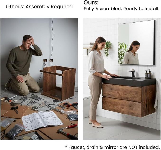 30" Floating Bathroom Vanity with Matte Black Sink, Modern Bathroom Cabinet with Top and Soft Close Drawers, Spacious Storage for Small Space, Walnut - Lavanda Collection