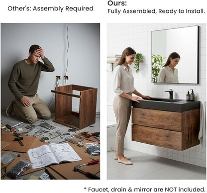 30" Floating Bathroom Vanity with Matte Black Sink, Modern Bathroom Cabinet with Top and Soft Close Drawers, Spacious Storage for Small Space, Walnut - Lavanda Collection