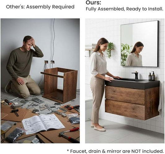 30" Floating Bathroom Vanity with Matte Black Sink, Modern Bathroom Cabinet with Top and Soft Close Drawers, Spacious Storage for Small Space, Walnut - Lavanda Collection