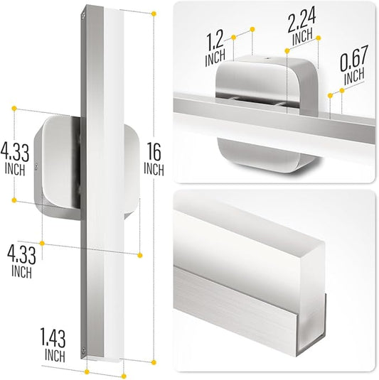 Yarra-Decor 16-inch LED Bathroom Vanity Light Bar,Vanity Lighting Fixtures for Mirror Illumination,Indoor Daylight White Wall Light 6000K (Nickel)