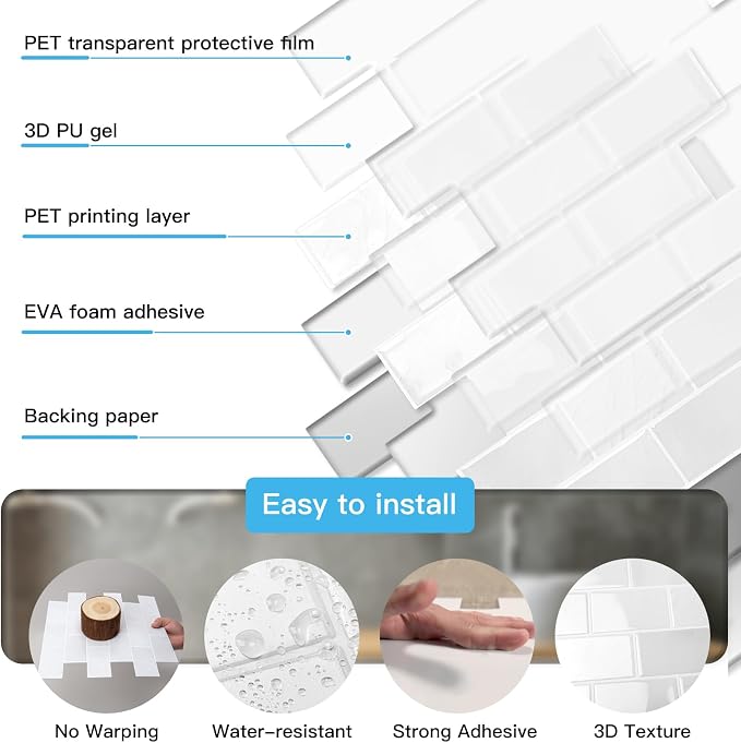 Art3d 10-Pack Subway Peel and Stick Backsplash, White Marble, 12 x 12 Inch | Thickened Design, No Warping, Durable, Self-Adhesive, Sturdy, for Kitchen, Bedroom, Ideal for New Home Buyers, Future Movers