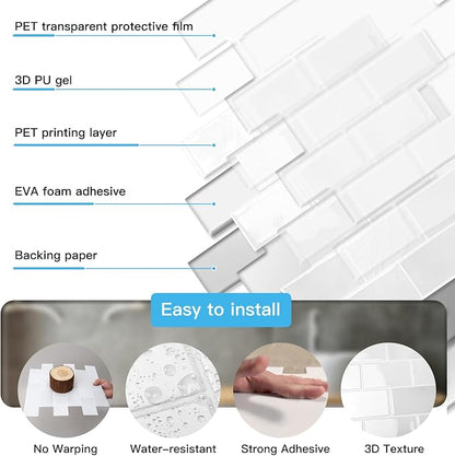 Art3d 10-Pack Subway Peel and Stick Backsplash, White Marble, 12 x 12 Inch | Thickened Design, No Warping, Durable, Self-Adhesive, Sturdy, for Kitchen, Bedroom, Ideal for New Home Buyers, Future Movers