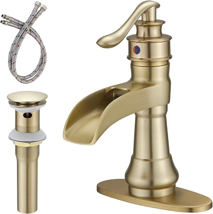 Brushed Gold Bathroom Sink Faucet Waterfall Single-Handle | Single Hole Deck Mounted, Includes Pop Up Drain with Overflow and Supply Lines, Farmhouse, Warm Luxury Metal Tone