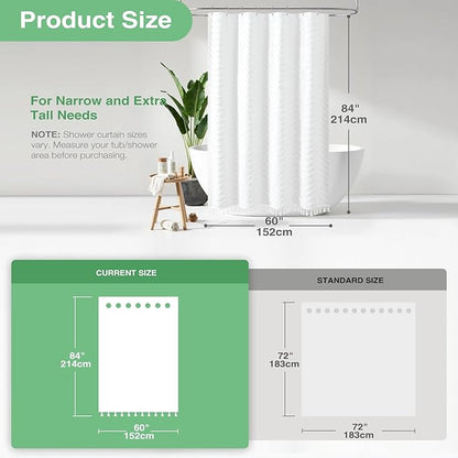 Dynamene Stall Shower Curtain and Liner Set - 60 x 84 inch Long Boho Shower Curtain and Waterproof Clear Liner, Tufted Chevron Striped Tassel Shower Curtains for Bathroom, 10 Hooks, 60x84, White
