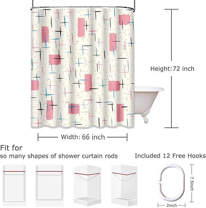 Shower Curtain for Bathroom Decor, 66 x 72 Inch, Mid Century Modern | Atomic Vintage 1950s Turquoise Waterproof Polyester Fabric Shower Curtains Set with Hooks