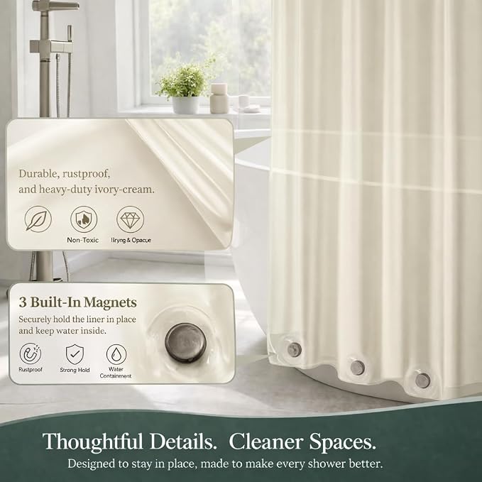 EHZNZIE Cream Shower Curtain Liner 72x72, PEVA Waterproof Bath Curtain, No Chemical Smell, 3 Weighted Magnets, Durable with Rustproof Metal Grommets