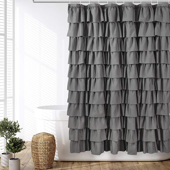 Gray Ruffle Shower Curtain for Bathroom, 72 x 84, Machine Washable Fabric | Handcrafted Ruched Ruffles, Extra-Long 72x84, Soft Brushed Microfiber, Full Coverage Fit, 12 Hooks Included, Easy Hanging