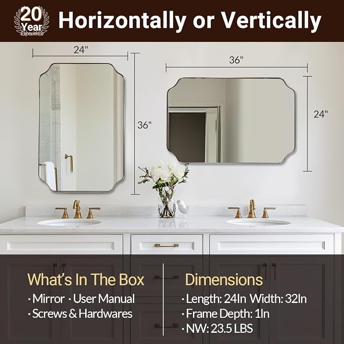 Chrome Bathroom Mirror, 24x36 Inch Polished Chrome Rectangle Mirror, Scalloped Bathroom Mirror with Stainless Steel Metal Frame, Thin Frame Deep 1’’