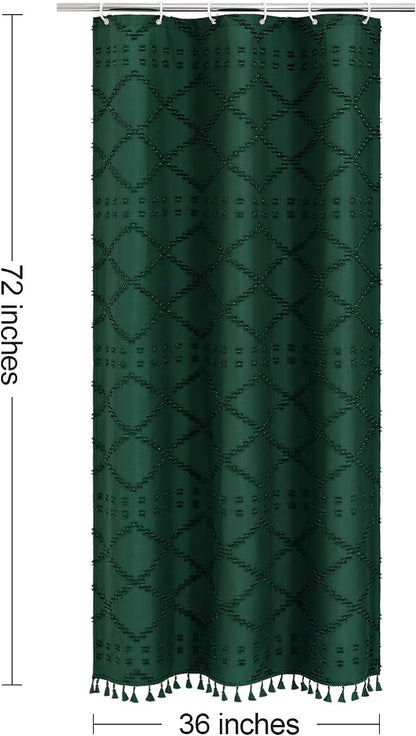 Stall Dark Green Boho Woven Fabric Shower Curtain with Tassel 36 x 72, Bohemia Tufted Chevron Striped Chic Textured, Green Waterproof Small Curtain for Bathroom, Modern Farmhouse Minimalist