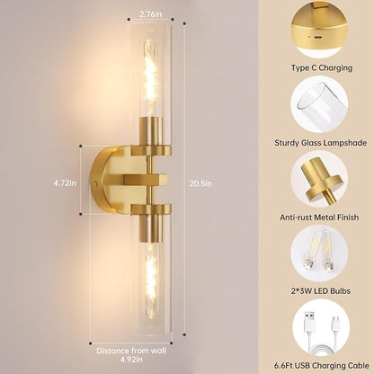 Shenmoyl Set of 2 Wall Sconces, 7800 mAh Battery Operated Wall Sconce with 3 Colors & Remote Control, Gold Rechargeable Wall Lamp with Clear Glass Shade for Bedroom, Bathroom, Living Room, Hallway