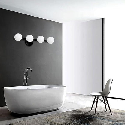 Lightdot 4 Light Bathroom Vanity Light, 26" Modern Black Vanity Lights with Globe Water/Shatterproof PC Lampshade, Rust-Proof Bathroom Light Fixtures Over Mirror for Kitchen Hallway Cabinet Porch