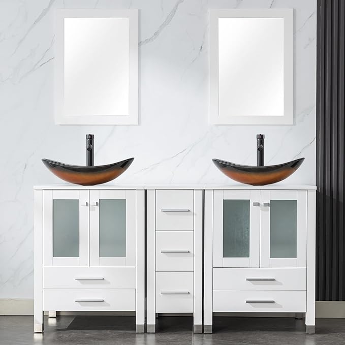LUCKWIND 60" Double 24" Bathroom Vanity with Sink Combo, Elegant Series with One 12.6-in Side Cabinet, Painted Frame, Including Brown Boat Sinks, Faucets Without Mirrors, White